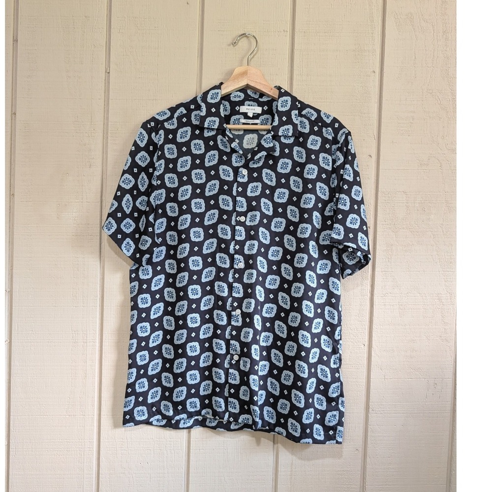 Reiss Valencia Camp‎ Collar Short Sleeve Geo Print Shirt Blue Mens L